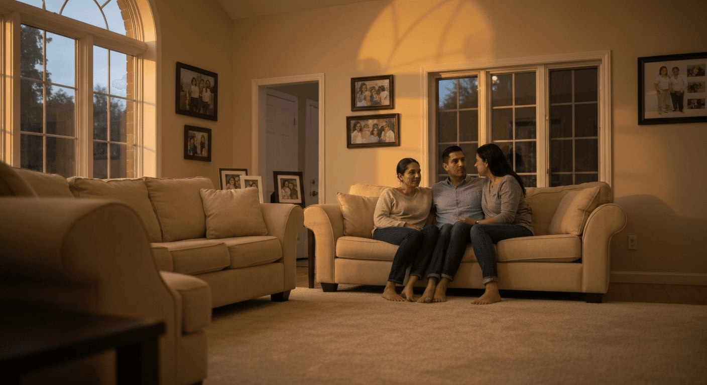 Warm living room with family photos, evening light. Warm living room with family photos, evening light.