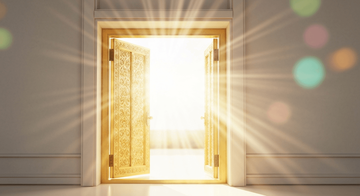 Golden doorway opening into bright streaming light. Golden doorway opening into bright streaming light.