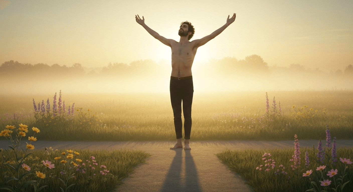 Person at crossroads in golden meadow sunrise. Person at crossroads in golden meadow sunrise.