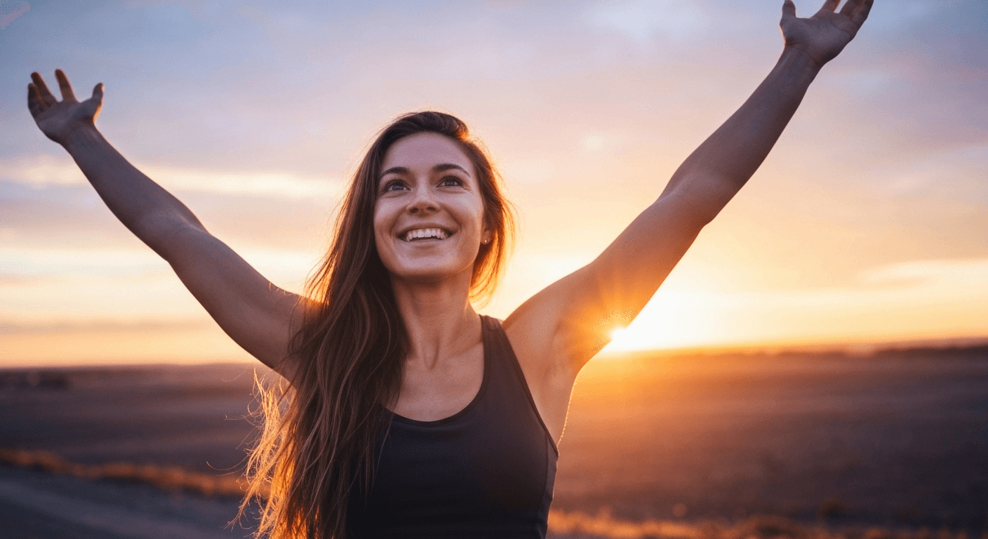 Person with raised arms facing golden sunrise. Person with raised arms facing golden sunrise.