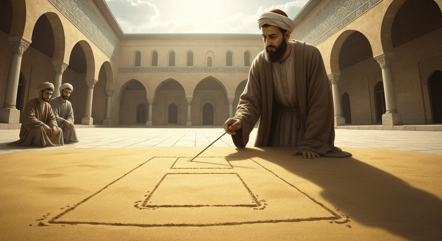 Al-Khwarizmi teaching geometry drawing squares on sand. Al-Khwarizmi teaching geometry drawing squares on sand.