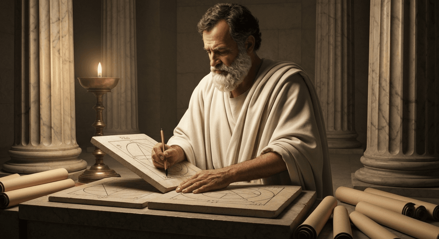 Ancient Greek philosopher studying geometric shapes on tablets. Ancient Greek philosopher studying geometric shapes on tablets.