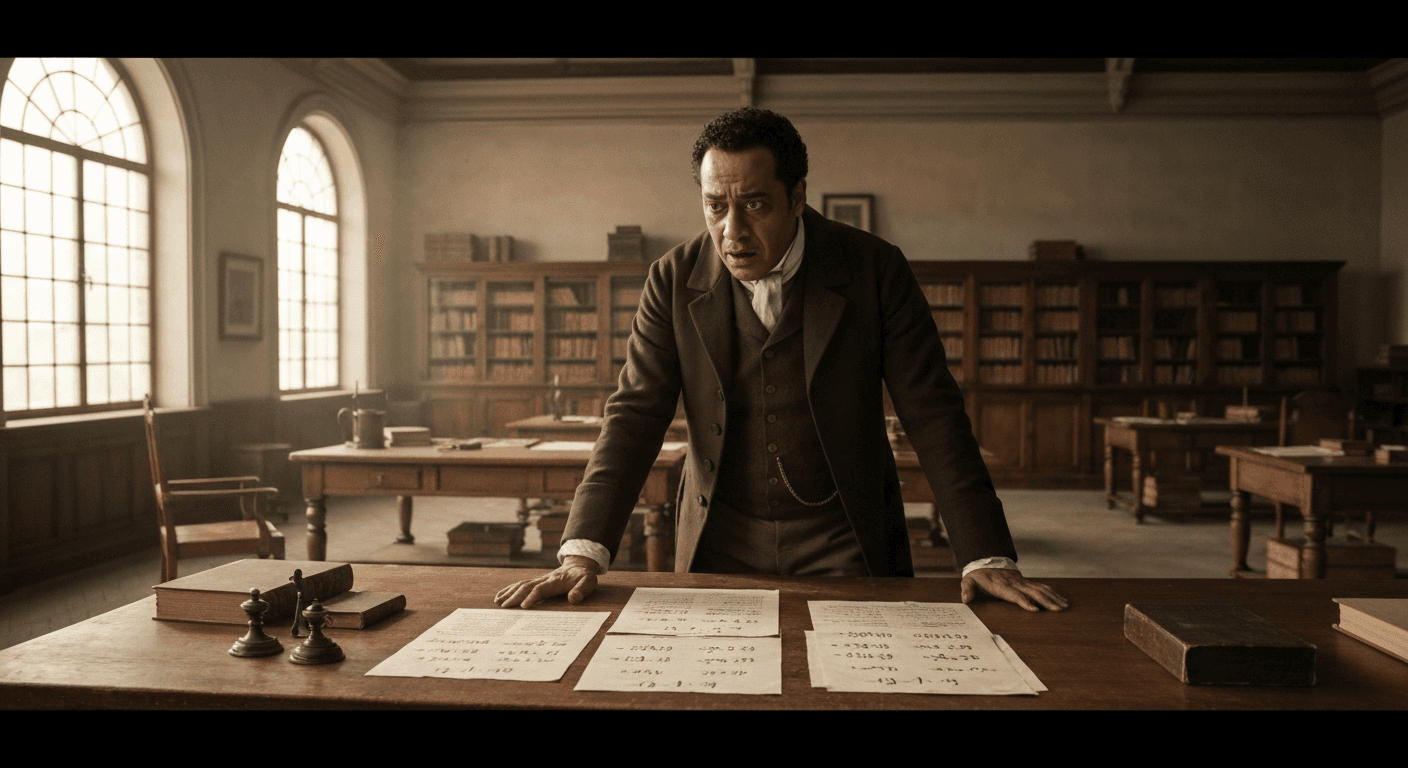 European counting house man reviewing financial documents European counting house man reviewing financial documents