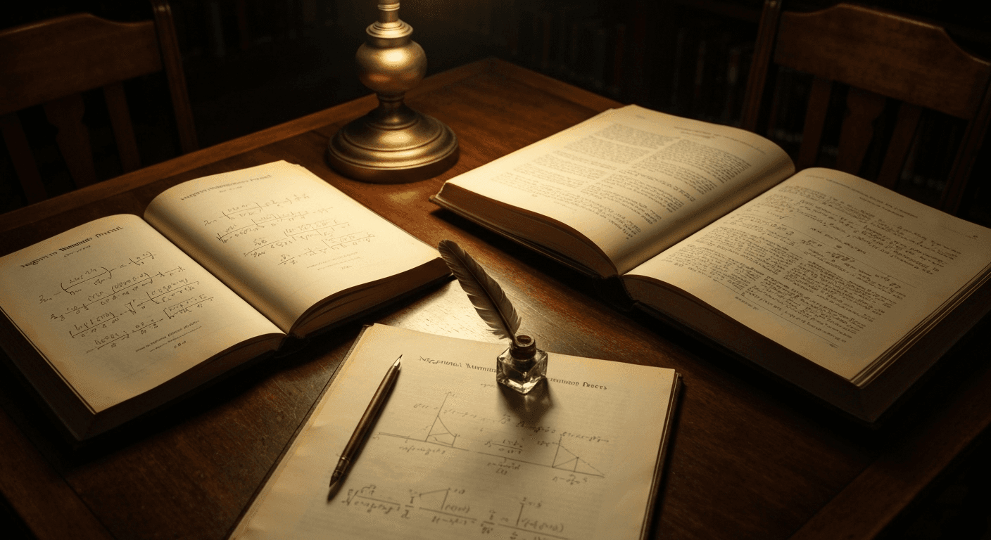 Vintage library with open mathematics books, quill pen. Vintage library with open mathematics books, quill pen.