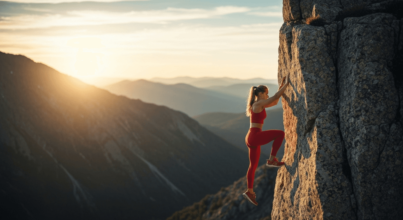 Female athlete climbing rocky cliff at golden hour. Female athlete climbing rocky cliff at golden hour.