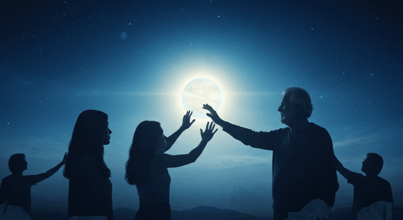 Silhouettes reaching toward glowing planet in sky. Silhouettes reaching toward glowing planet in sky.