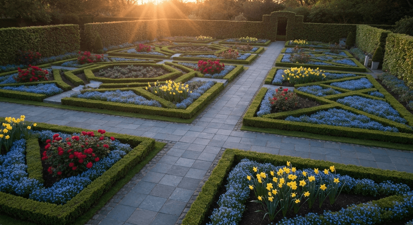 Aerial geometric garden pathways under evening glow. Aerial geometric garden pathways under evening glow.