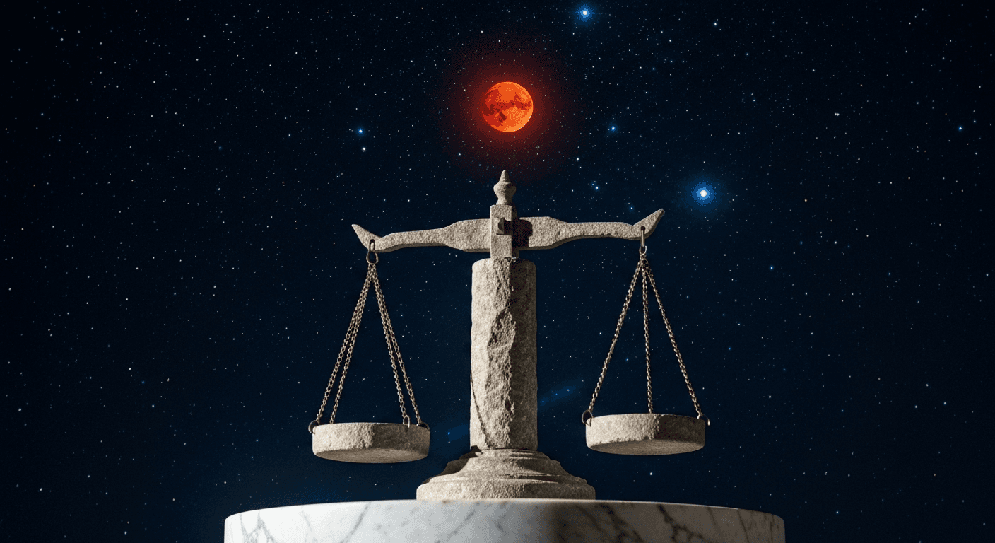 Ancient stone scales under starlit cosmic sky. Ancient stone scales under starlit cosmic sky.