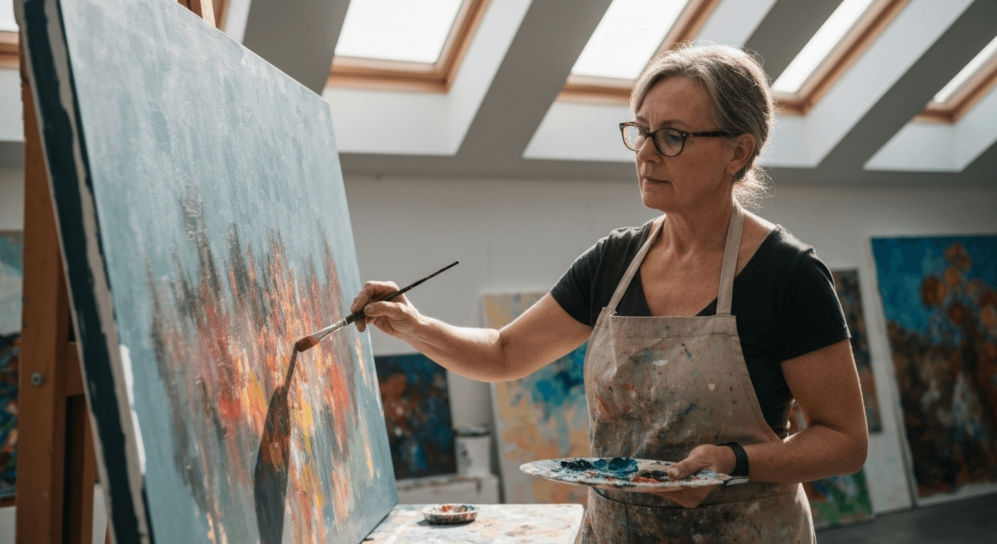 Artist painting on canvas in sunlit studio. Artist painting on canvas in sunlit studio.