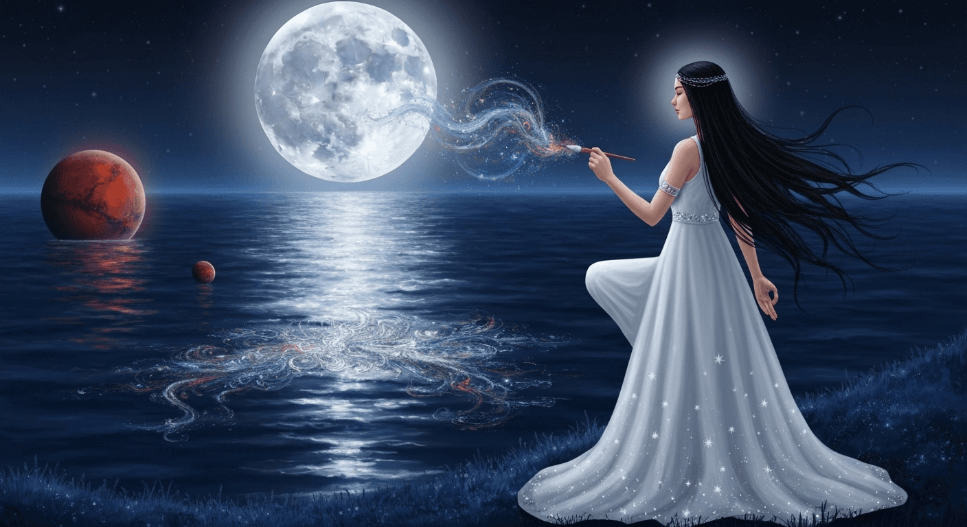 Artist painting by cosmic ocean under starry sky. Artist painting by cosmic ocean under starry sky.