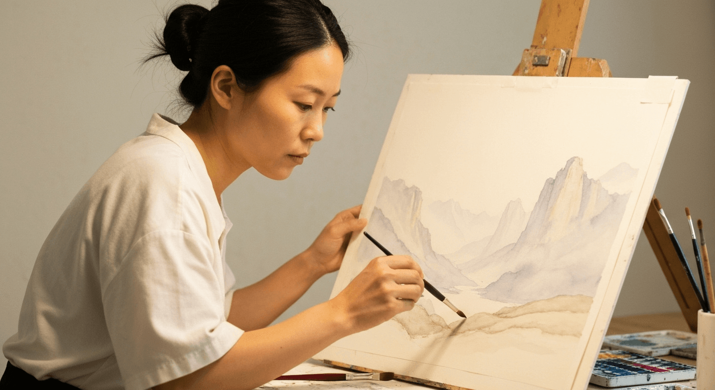 Artist painting watercolor landscapes in warm studio. Artist painting watercolor landscapes in warm studio.
