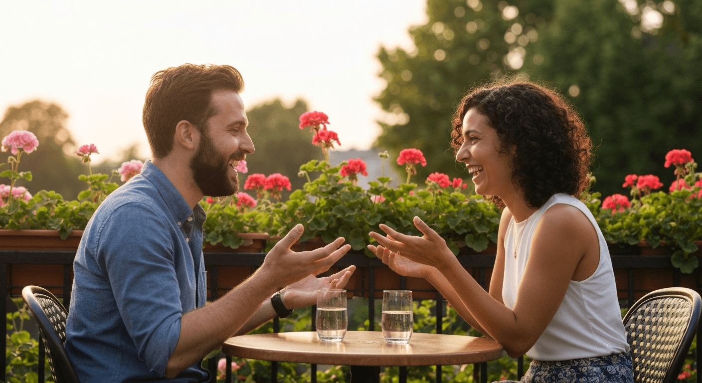 Couple conversing animatedly on cafe terrace, golden hour. Couple conversing animatedly on cafe terrace, golden hour.