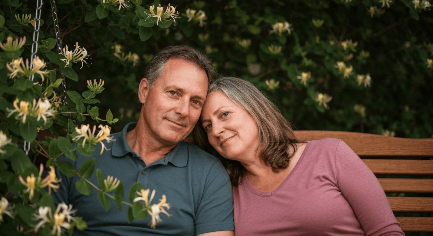 Couple cuddling on porch swing with blooming vines. Couple cuddling on porch swing with blooming vines.
