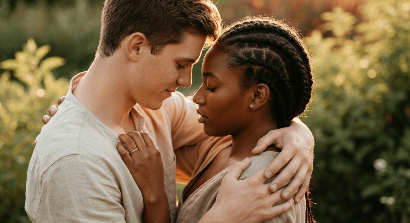 Couple embracing in warm golden light intimately. Couple embracing in warm golden light intimately.