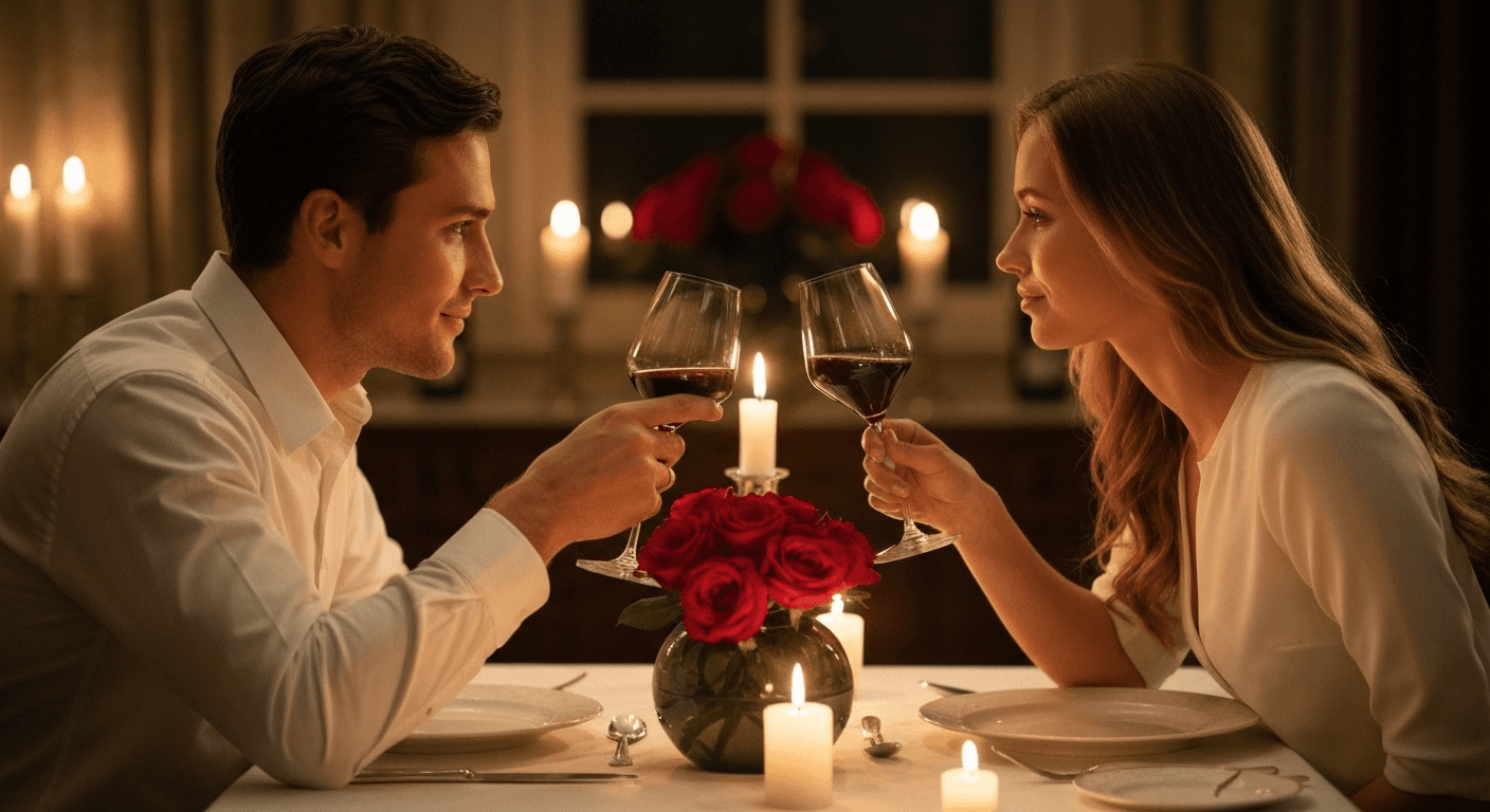 Couple toasting wine at candlelit romantic dinner. Couple toasting wine at candlelit romantic dinner.