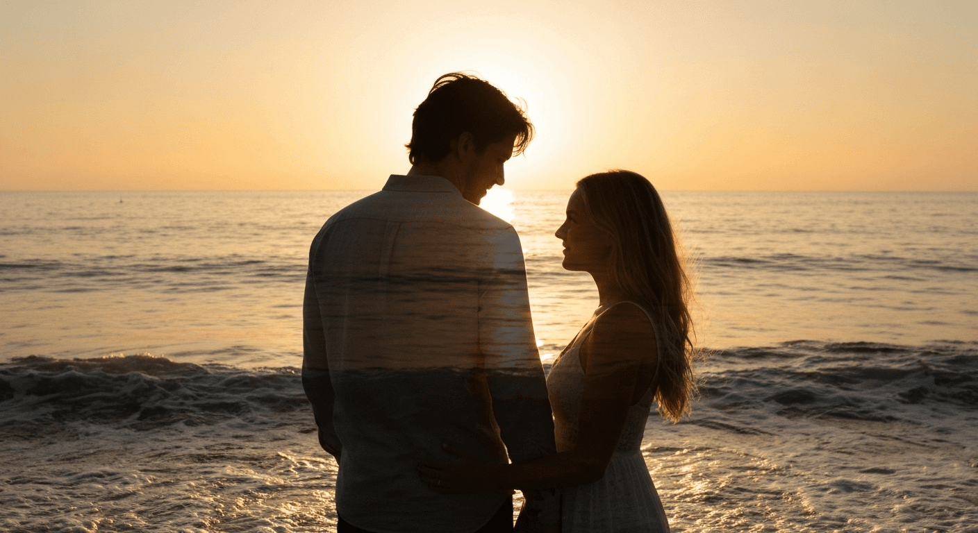 Couple's silhouettes merging at ocean sunset. Couple's silhouettes merging at ocean sunset.