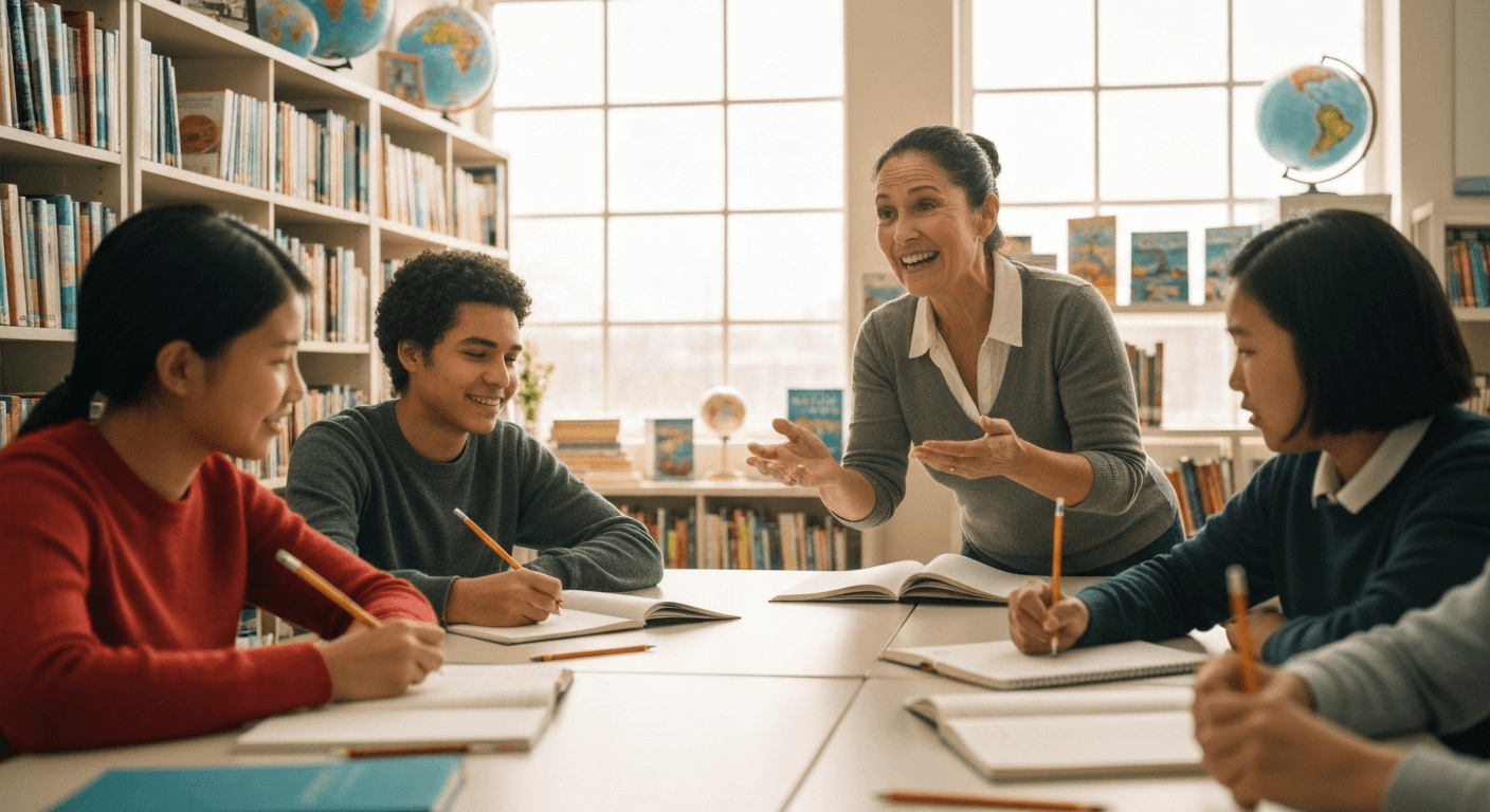 Educator teaching students in library with globes. Educator teaching students in library with globes.