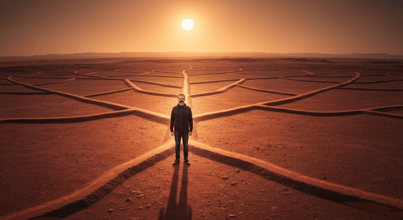 Figure at center of branching pathways, Mars overhead. Figure at center of branching pathways, Mars overhead.