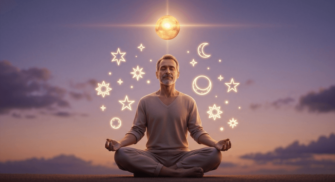 Figure meditating with celestial symbols and golden light. Figure meditating with celestial symbols and golden light.