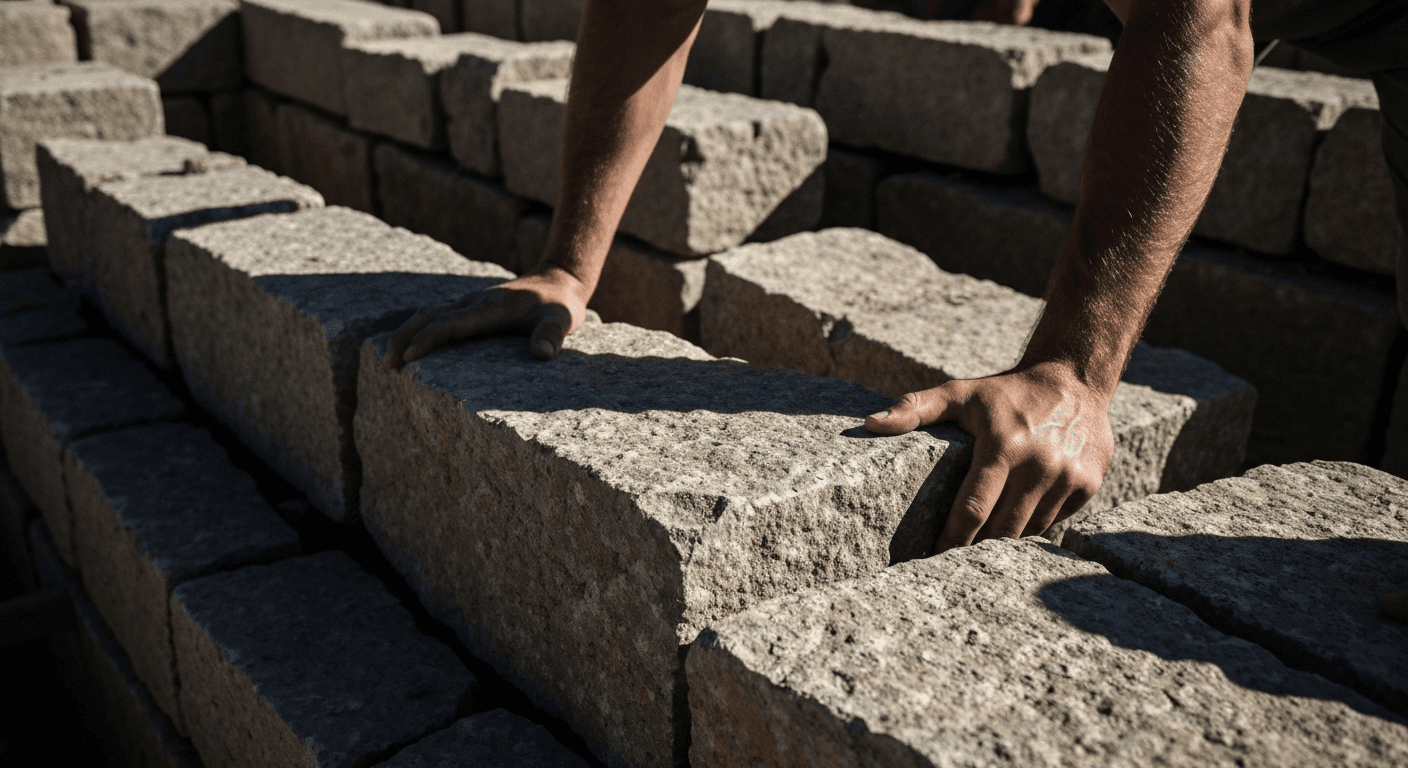 Hands gripping weathered stone blocks, sunlight shadows. Hands gripping weathered stone blocks, sunlight shadows.