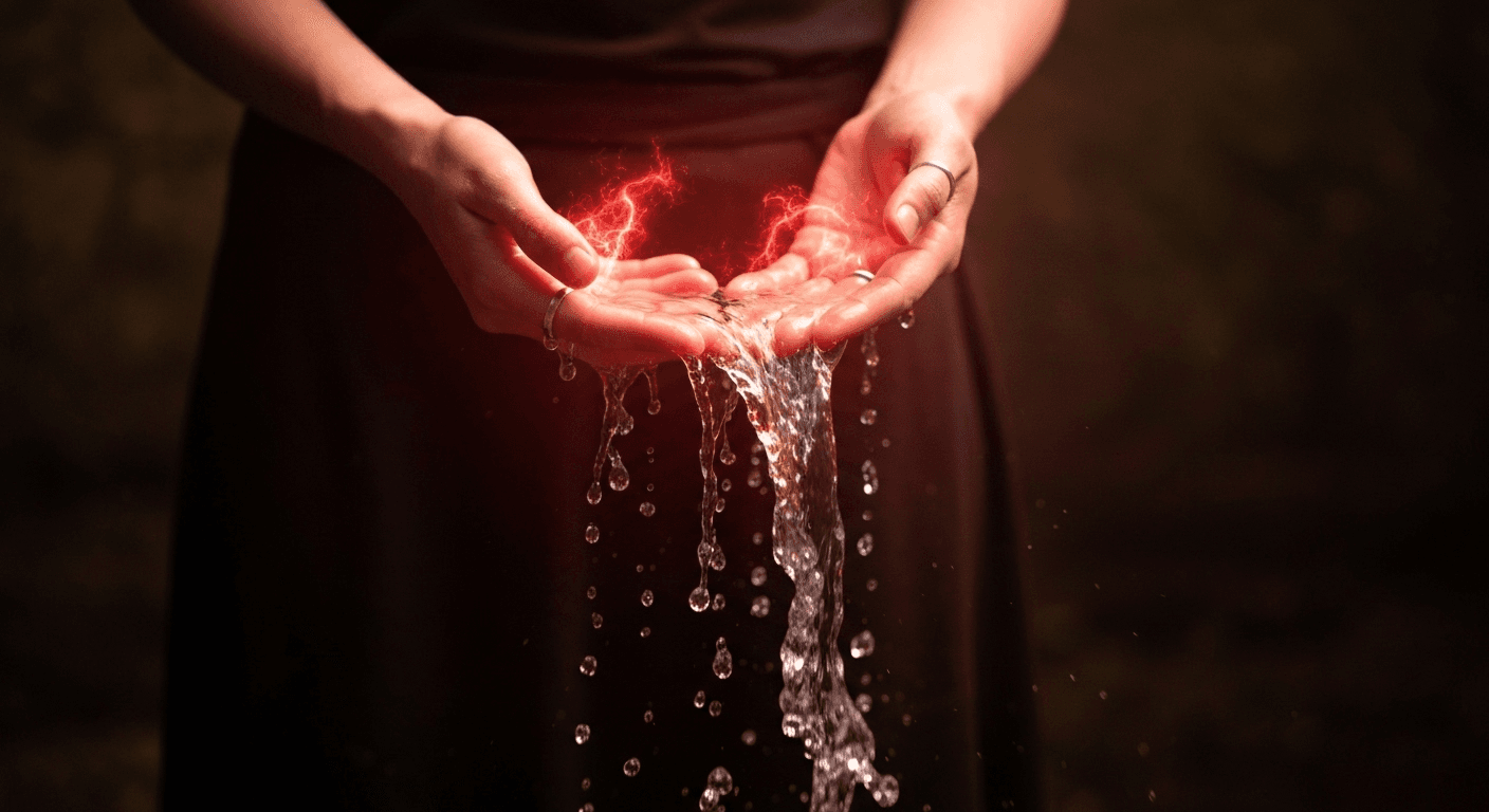 Hands releasing red energy transforming into water. Hands releasing red energy transforming into water.
