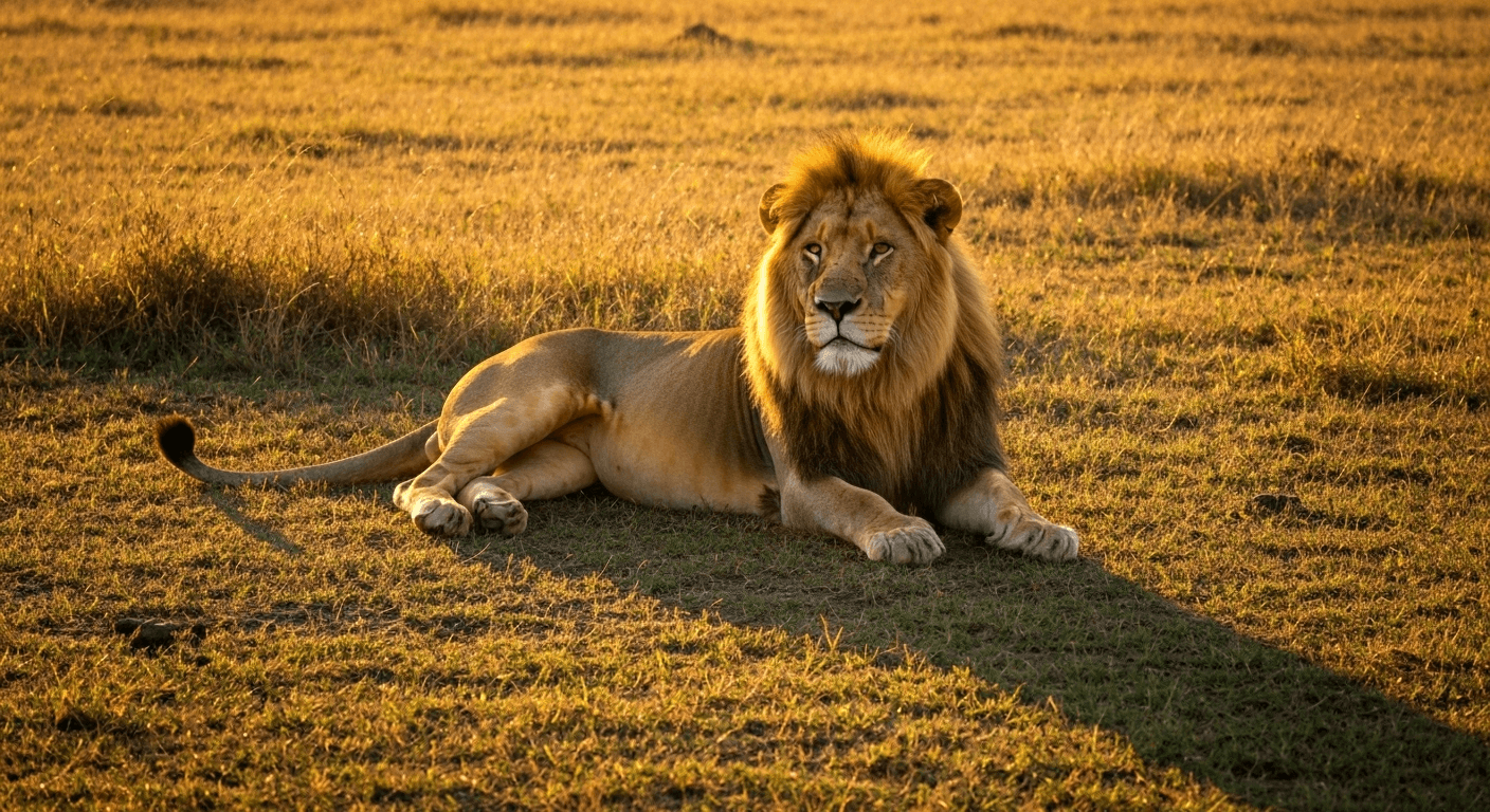 Lion with golden mane in sunlit savanna. Lion with golden mane in sunlit savanna.