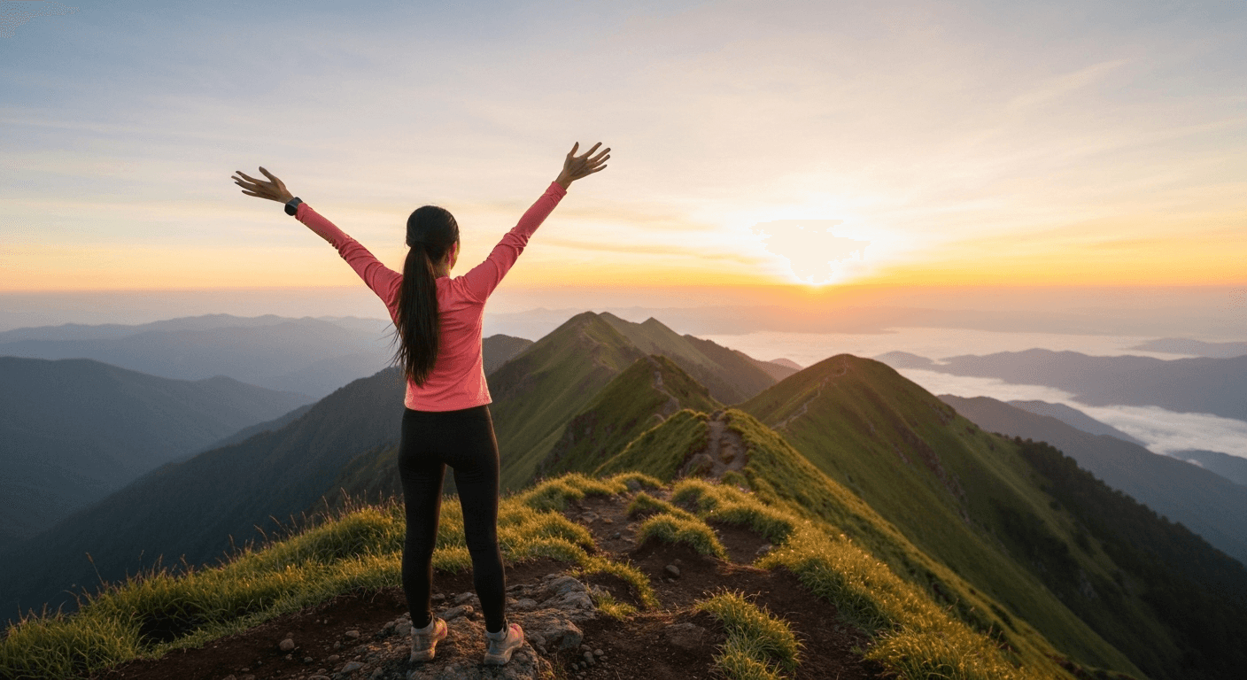 Lone figure on mountain peak at sunrise. Lone figure on mountain peak at sunrise.