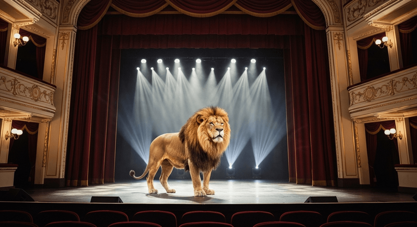 Majestic lion performing on grand theater stage. Majestic lion performing on grand theater stage.
