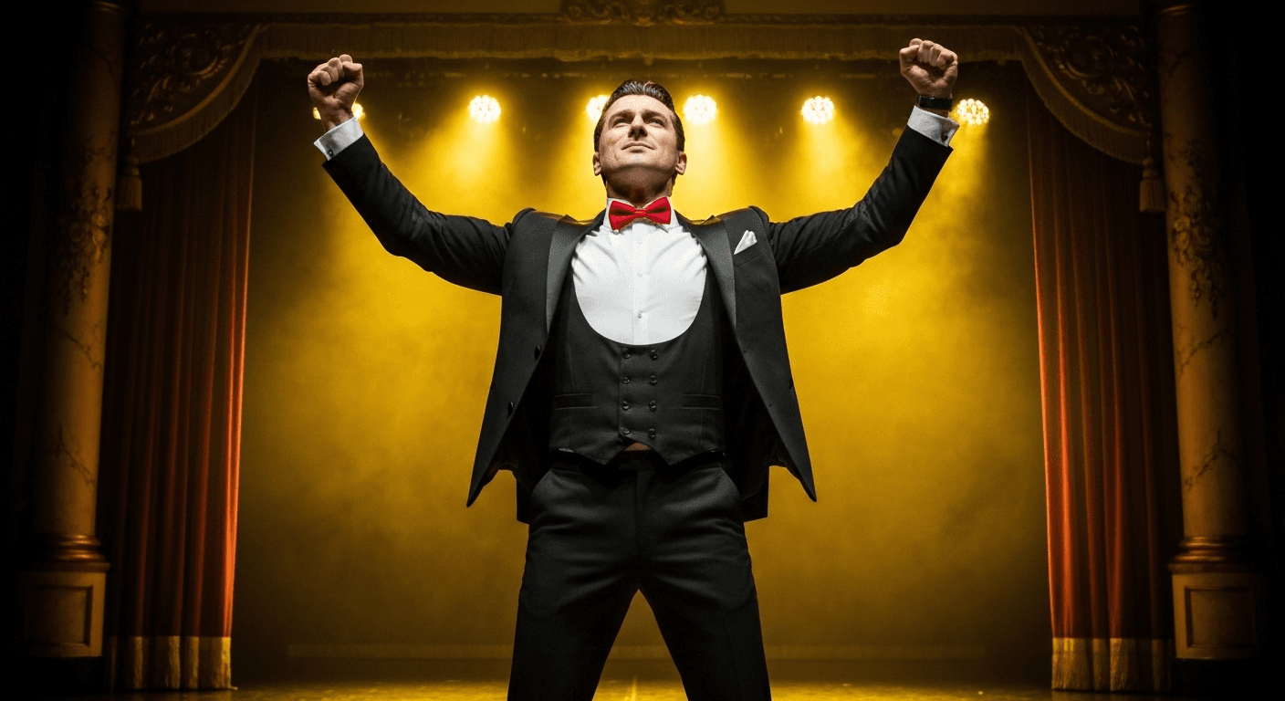 Male performer center stage arms raised triumphantly. Male performer center stage arms raised triumphantly.