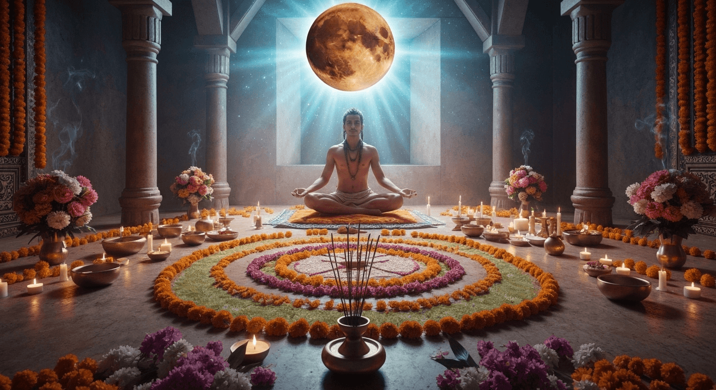 Mars above person meditating with sacred offerings. Mars above person meditating with sacred offerings.