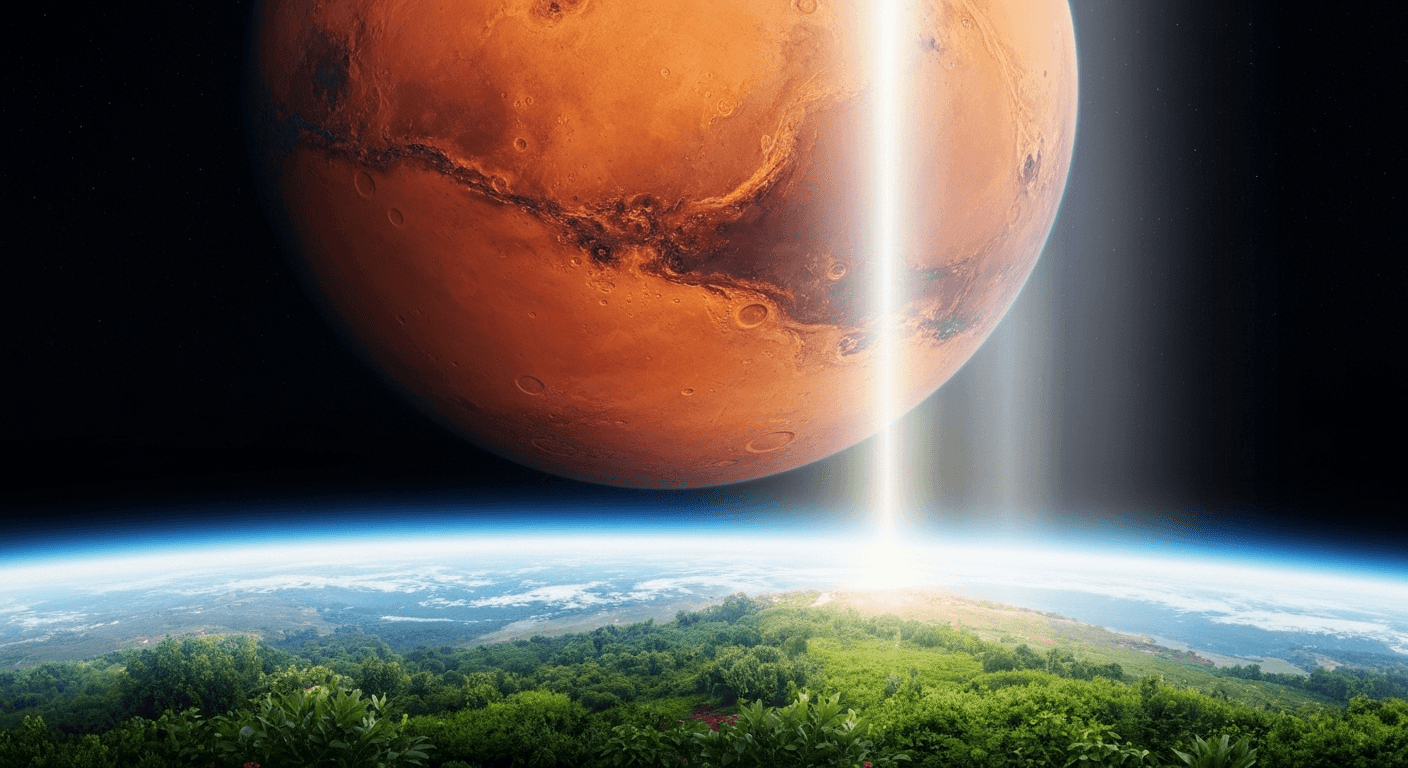 Mars glowing red above earthly landscape below. Mars glowing red above earthly landscape below.