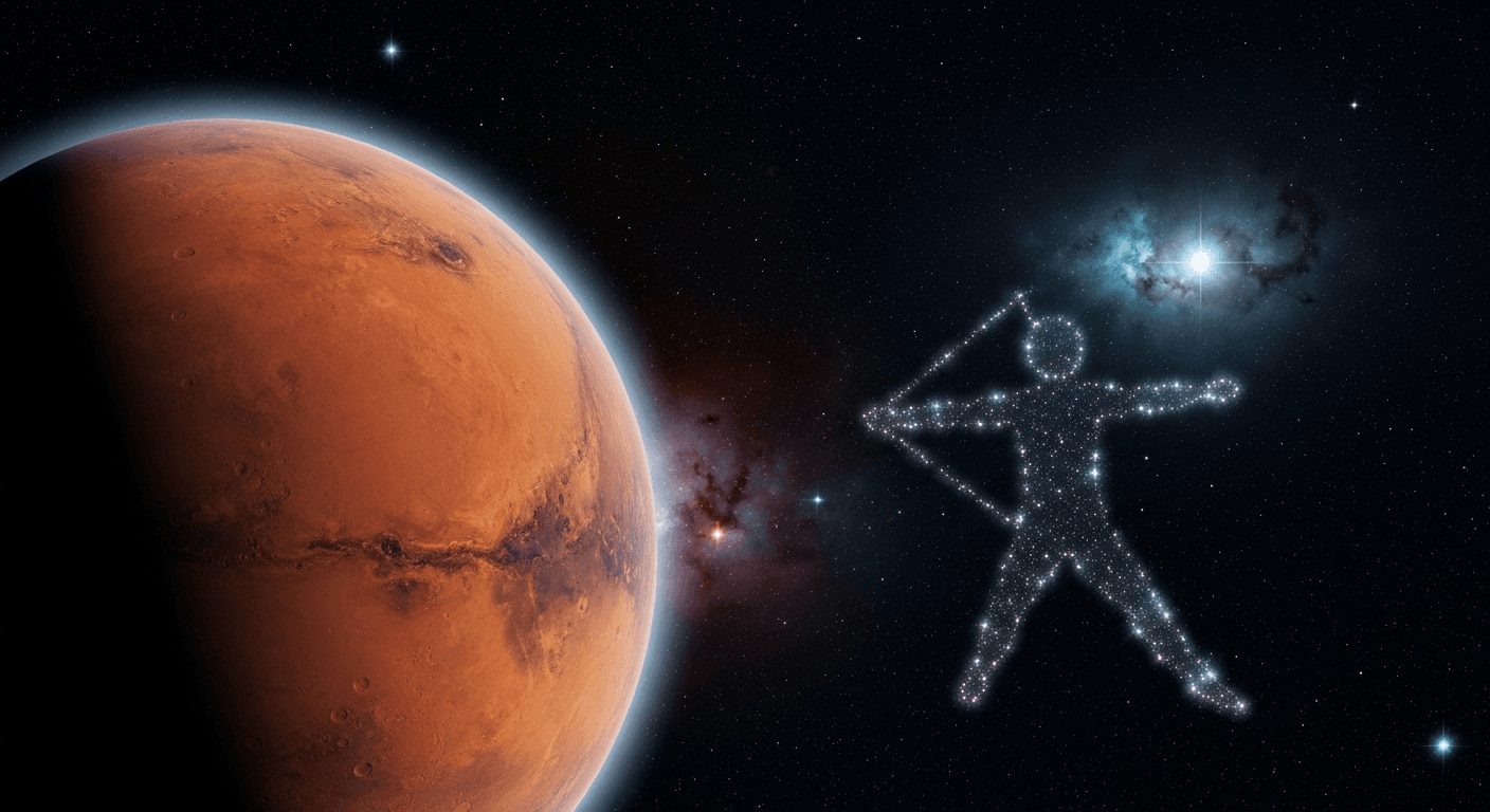 Red Mars glowing against starry space backdrop. Red Mars glowing against starry space backdrop.