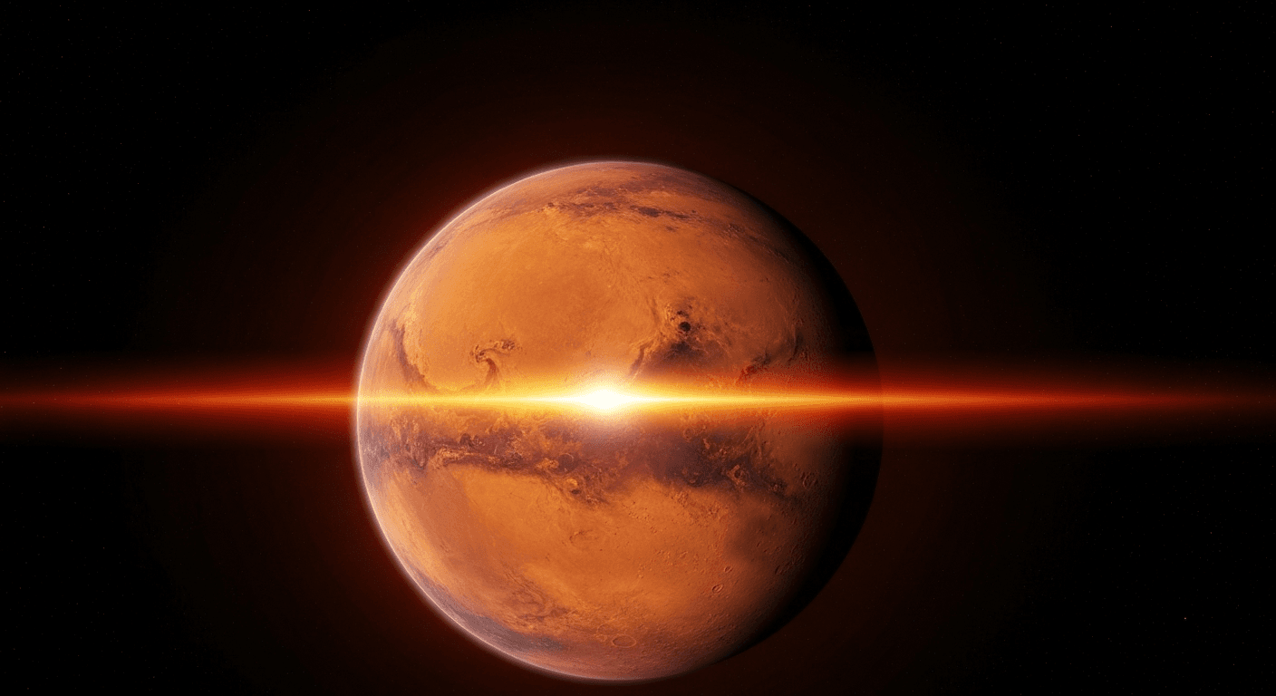 Mars glowing red against starry night sky. Mars glowing red against starry night sky.