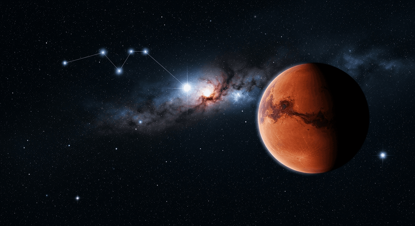 Mars glowing red-orange with Gemini constellation stars Mars glowing red-orange with Gemini constellation stars
