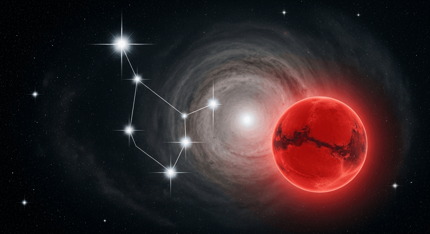 Mars glowing red with Gemini constellation highlighted. Mars glowing red with Gemini constellation highlighted.