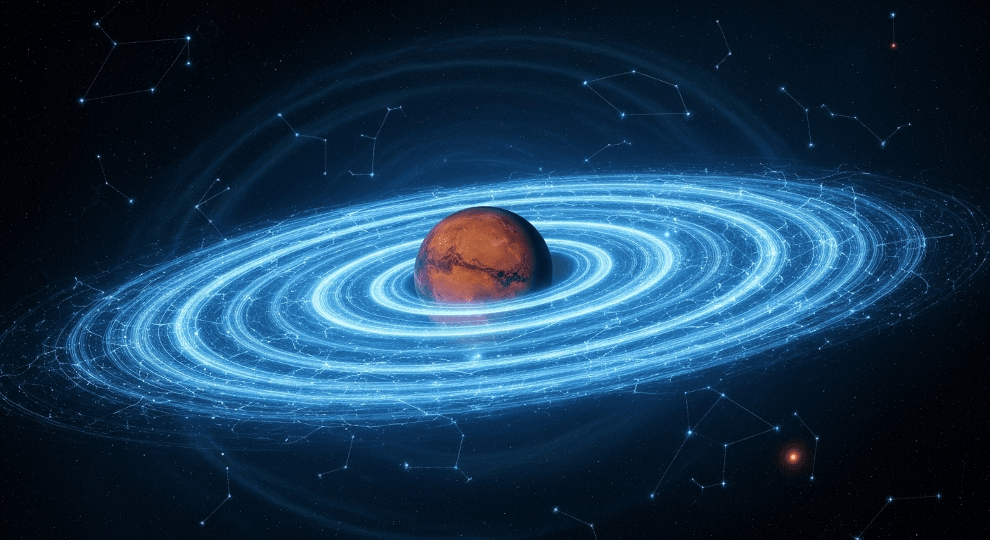 Mars glowing with blue energy constellation networks. Mars glowing with blue energy constellation networks.