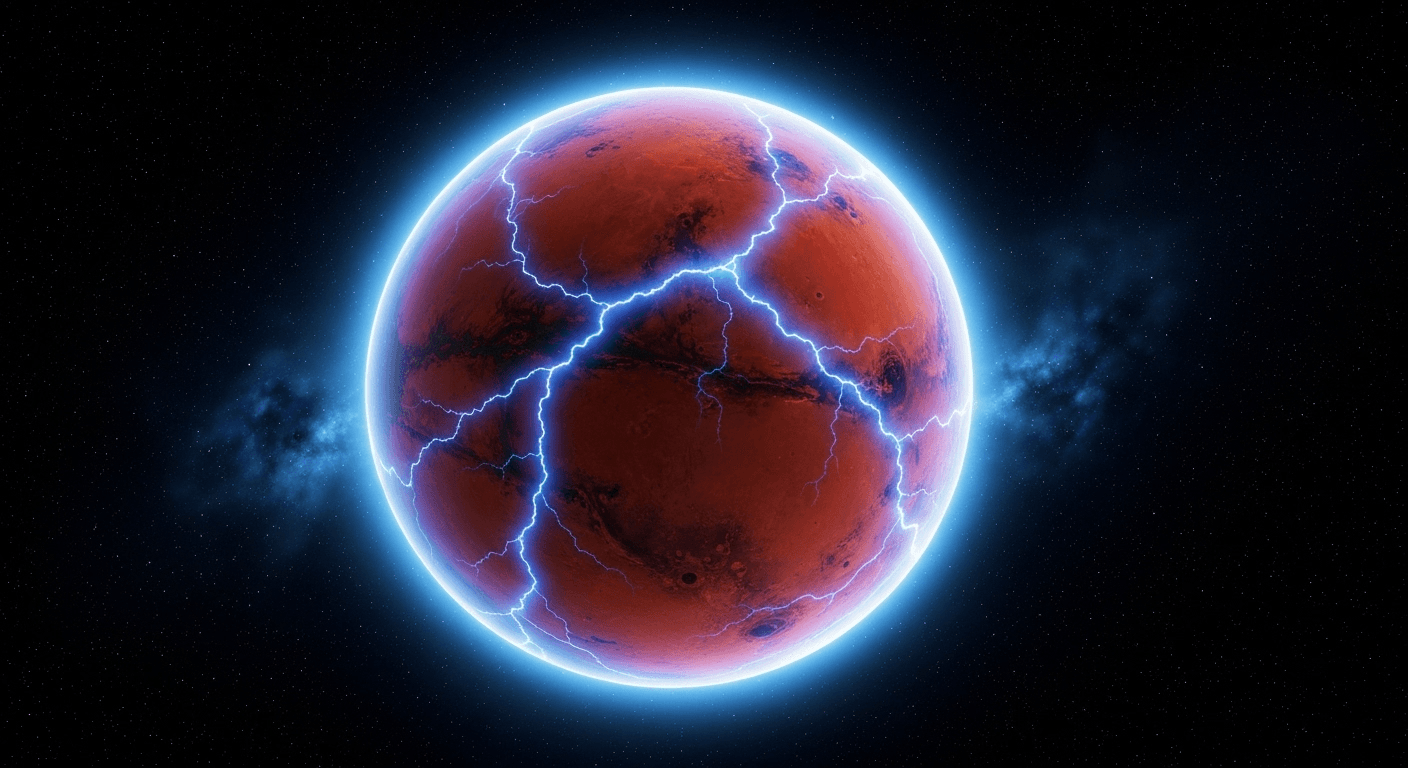Mars glowing with electric blue energy auroras. Mars glowing with electric blue energy auroras.