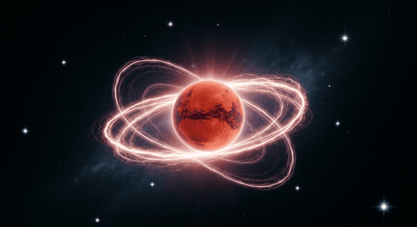 Mars glowing with twin energy streams, stars. Mars glowing with twin energy streams, stars.