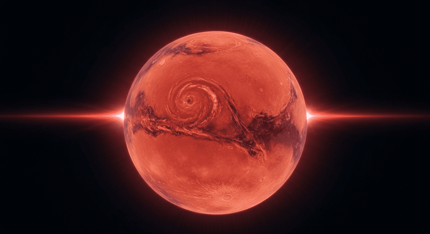 Mars planet glowing red against starry sky. Mars planet glowing red against starry sky.