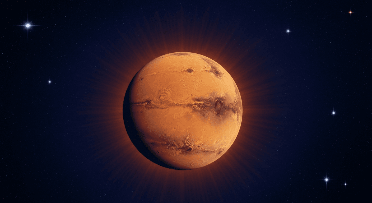 Mars planet glowing with fiery orange surface. Mars planet glowing with fiery orange surface.