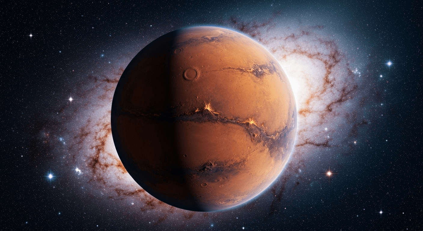 Mars planet glowing red against starfield backdrop. Mars planet glowing red against starfield backdrop.