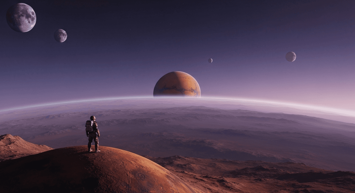 Mars rising over alien horizon, purple twilight. Mars rising over alien horizon, purple twilight.