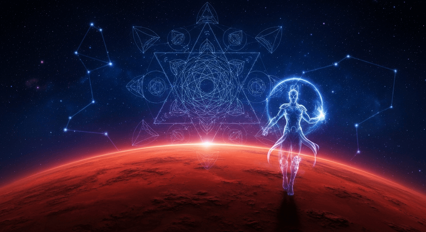 Red Mars rising over constellation night sky. Red Mars rising over constellation night sky.