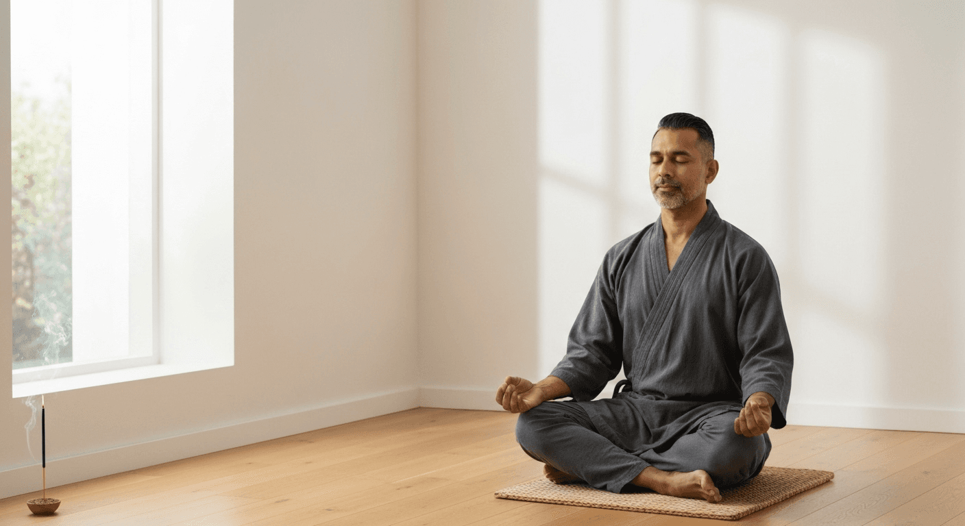 Minimalist meditation space with person in contemplation. Minimalist meditation space with person in contemplation.
