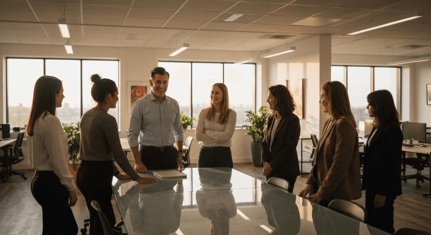 People gathering around charismatic leader in office. People gathering around charismatic leader in office.