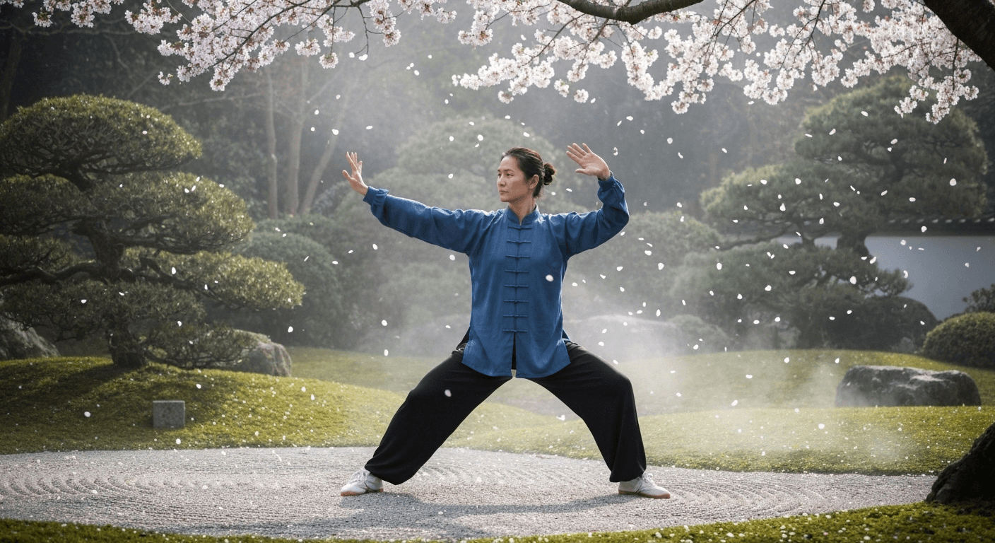 Person practicing tai chi in zen garden. Person practicing tai chi in zen garden.