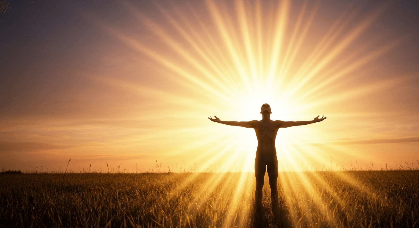 Person reaching toward golden light, spiritual awakening. Person reaching toward golden light, spiritual awakening.