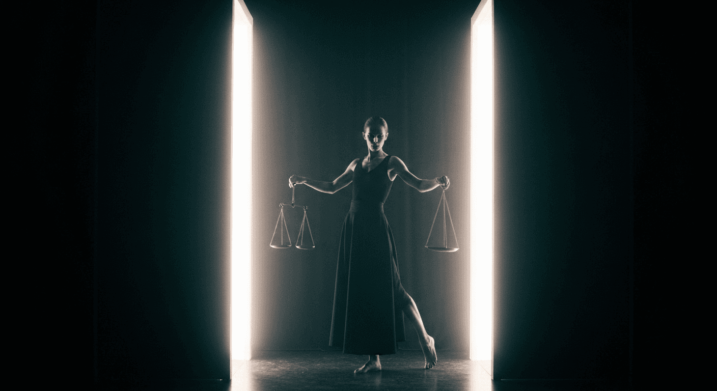 Shadowed figure holds wavering scales between doorways. Shadowed figure holds wavering scales between doorways.