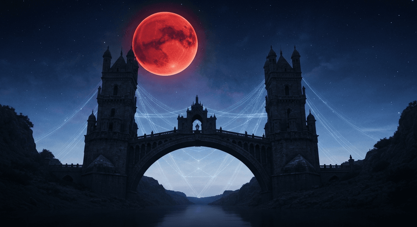 Stone bridge connecting towers under starlit sky. Stone bridge connecting towers under starlit sky.