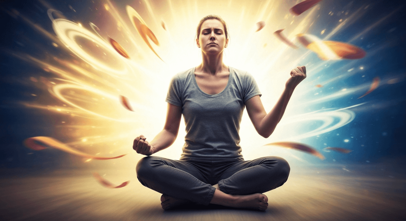 Tense person meditating while opportunities blur past. Tense person meditating while opportunities blur past.